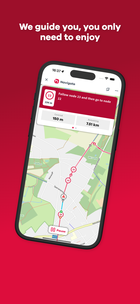 NodeMapp Hike - NodeMapp Hike app navigation interface showing a map with numbered trail nodes and walking directions
