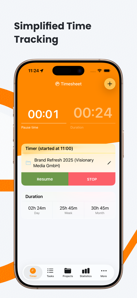 Timesheet IO - Time Tracker - Pantalla del iPhone de la aplicación Timesheet IO que muestra el temporizador de proyectos y las estadísticas de duración del trabajo