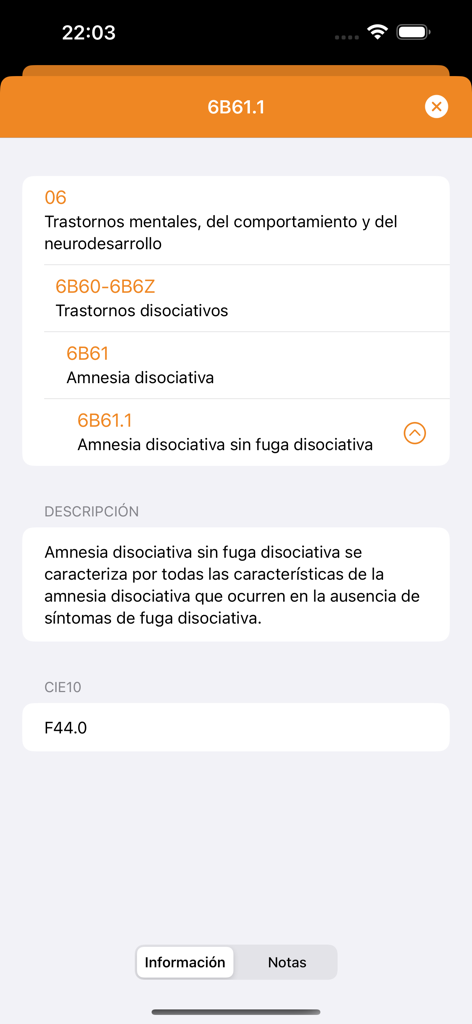 Vista detallada de un código de diagnóstico médico para amnesia disociativa, incluyendo su descripción y referencia CIE-10 en la aplicación CIE-11 en español