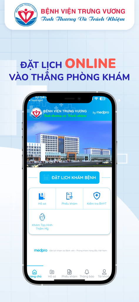 Bệnh viện Trưng Vương - Mobile app interface for Trung Vuong Hospital showing online medical appointment booking and patient services