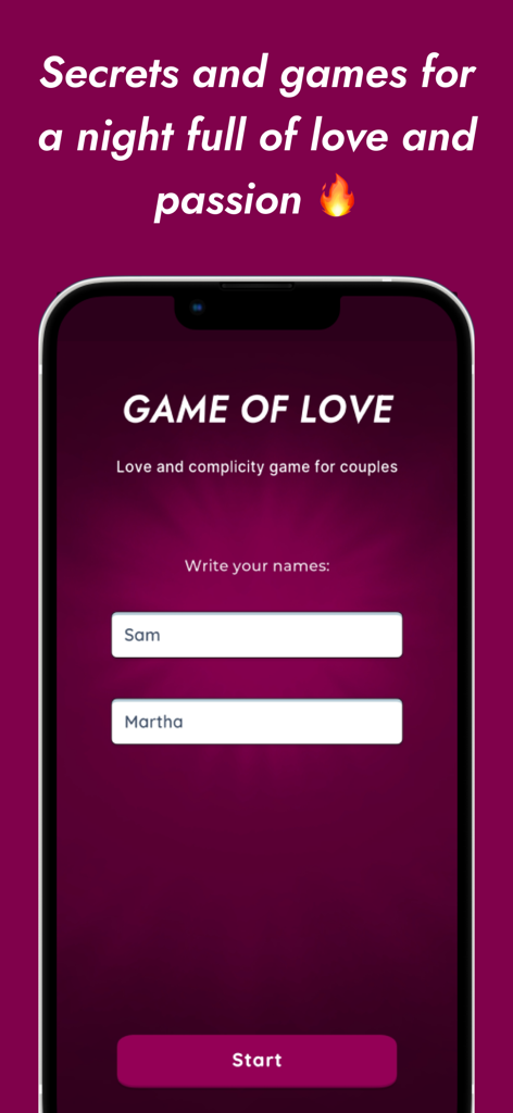Game of Love (love & couples) - A tela inicial do aplicativo Jogo do Amor mostrando campos de entrada para os nomes do casal Sam e Martha com um botão de início.