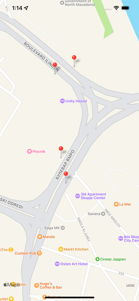 A map interface from the JSP Schedule app showing bus stop locations in Skopje with red pin markers.