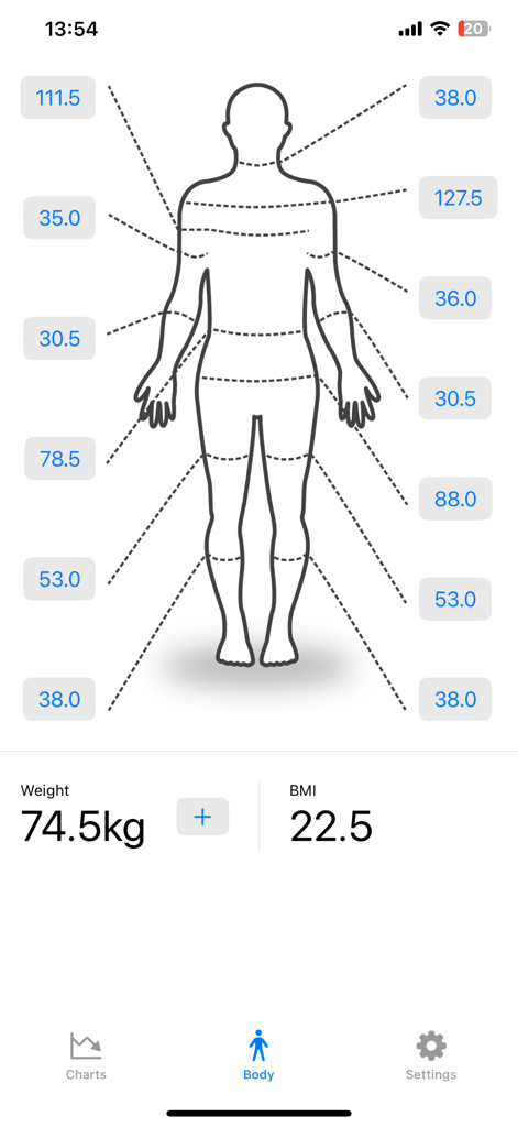 Body Measurements Pro - Silhouette corporea con misurazioni tracciate, peso e calcolo dell'IMC