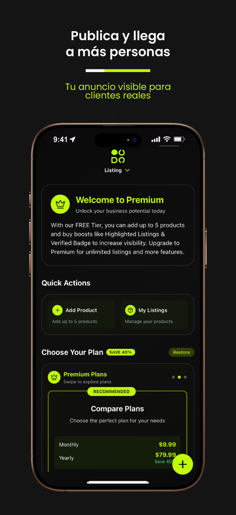 Pantalla de la aplicación NODO.ia mostrando planes de suscripción premium y el panel de gestión de negocios