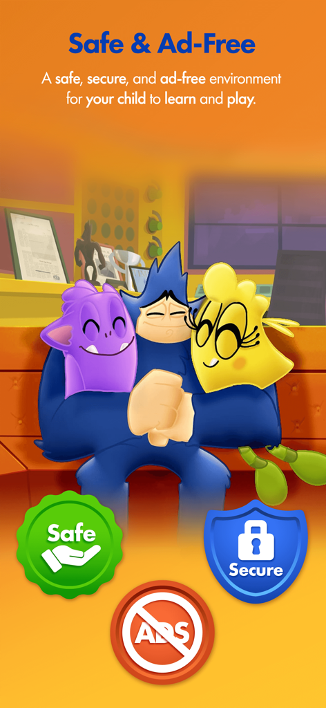 AdaptedMind Math: Learning App - AdaptedMind Math app interface highlighting a safe and ad free learning environment for children with friendly monster characters