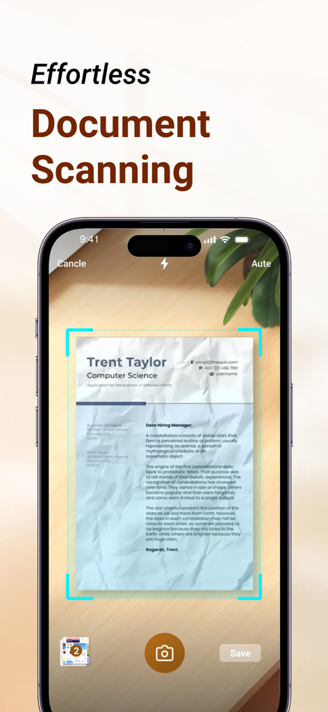 Space Cleaner: File Manager - Interfaz de la app Space Cleaner que muestra la función de escaneo de documentos sin esfuerzo en un iPhone