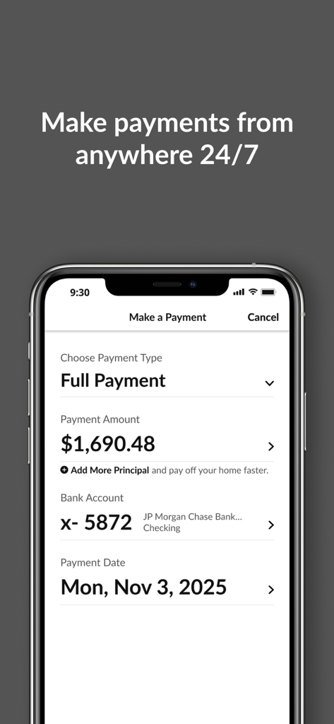 Mr. Cooper app screen showing a mobile interface to make a mortgage payment