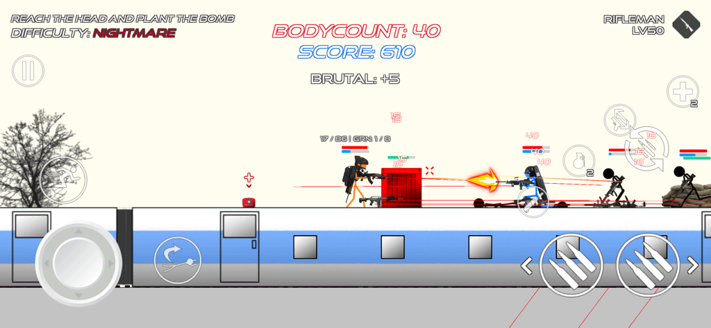 Stick Warfare: Blood Strike - Personaje Stickman participando en un tiroteo táctico en la cima de un tren en Stick Warfare Blood Strike