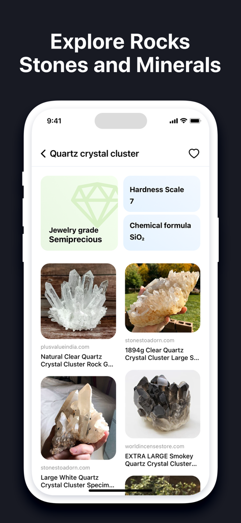 EveryScan app screen identifying a quartz crystal cluster with mineral details including hardness and chemical formula