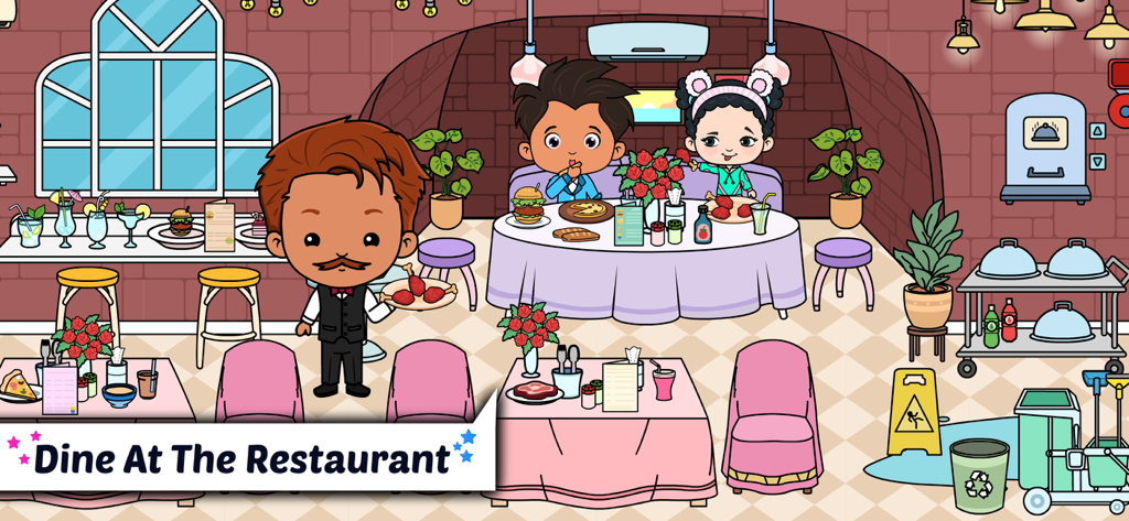 Tizi Home Design My Hotel City - Ein Cartoon-Kellner serviert zwei Kindern in einem farbenfrohen Hotelrestaurant Essen