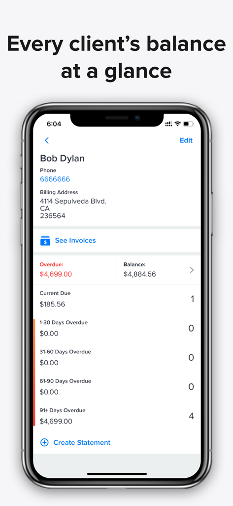 Swift Invoice app displaying a detailed client balance statement with overdue payment breakdowns for a small business
