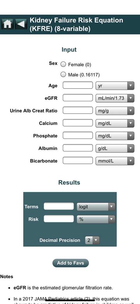 EBMcalc Kidney - EBMcalc Kidney app showing the 8 variable Kidney Failure Risk Equation input and results interface