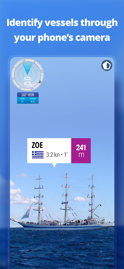 MarineTraffic - Ship Tracking - Augmented reality feature in MarineTraffic app identifying a ship through the phone camera
