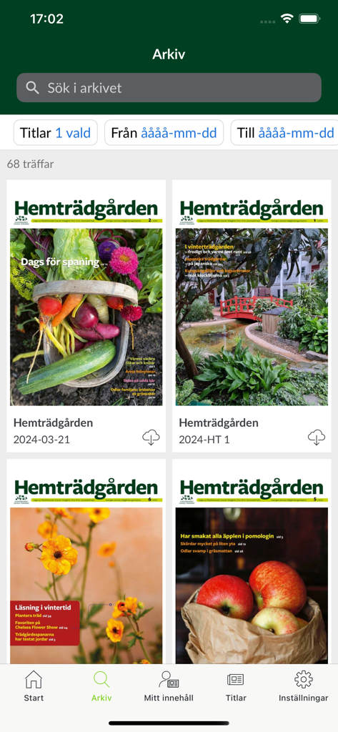 Hemträdgården - The archive section of the Hemtradgarden app displaying various gardening magazine covers including vegetables garden scenes and apples