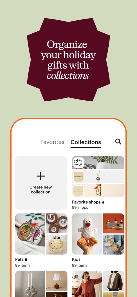 Etsy: Shop Home, Style & More - Interfaccia dell'app mobile Etsy che mostra collezioni di regali per animali domestici e bambini