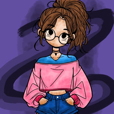 girl with a messy ponytail glasses a baggy crop top and jean shorts