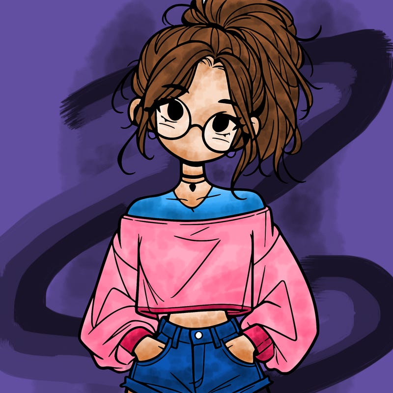 girl with a messy ponytail glasses a baggy crop top and jean shorts