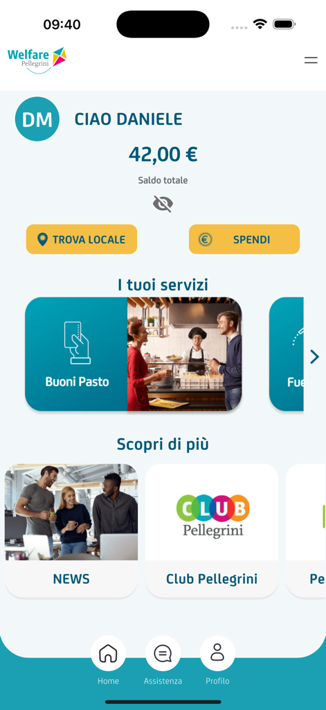 Home screen of the Pellegrini Card app displaying the user balance and meal voucher services.
