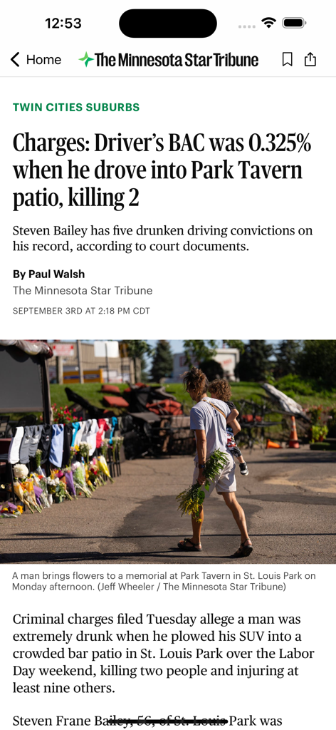 The Minnesota Star Tribune - Screenshot of a local news article about a drunk driving incident on The Minnesota Star Tribune mobile app.