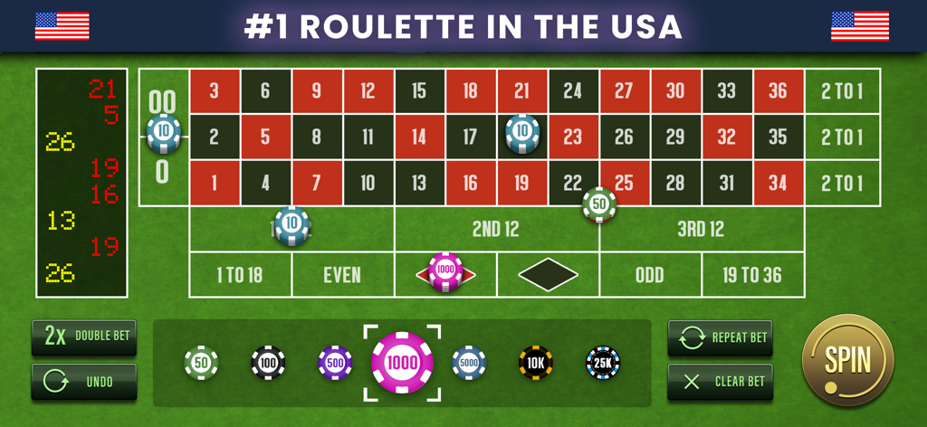 Una mesa de apuestas de ruleta americana realista con fichas de casino y un botón de giro.