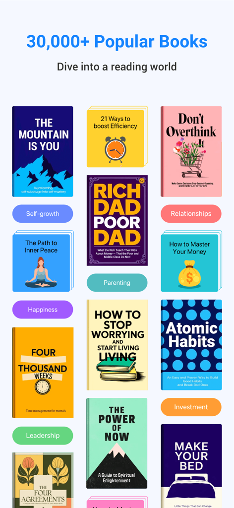 LeapAhead-Daily Book Cast - A grid of popular book covers and categories in the LeapAhead app library