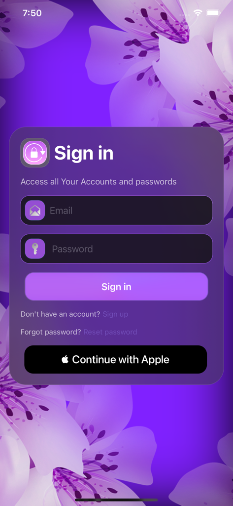 Passkeep app sign in screen with email and password fields and a continue with apple button