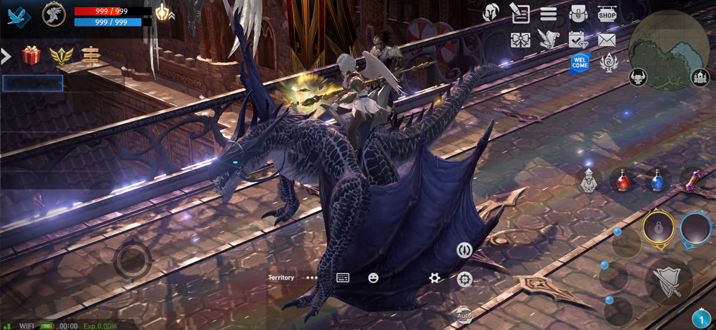 Un personnage joueur chevauchant une grande monture dragon ailée dans le monde du jeu Lineage 2 Revolution