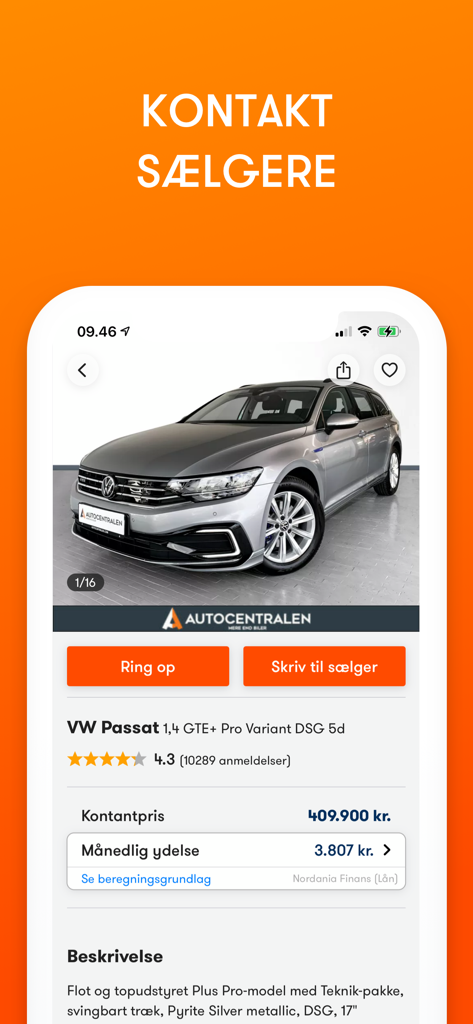 Bilbasen app car listing view showing a silver VW Passat with contact buttons to call or message the seller