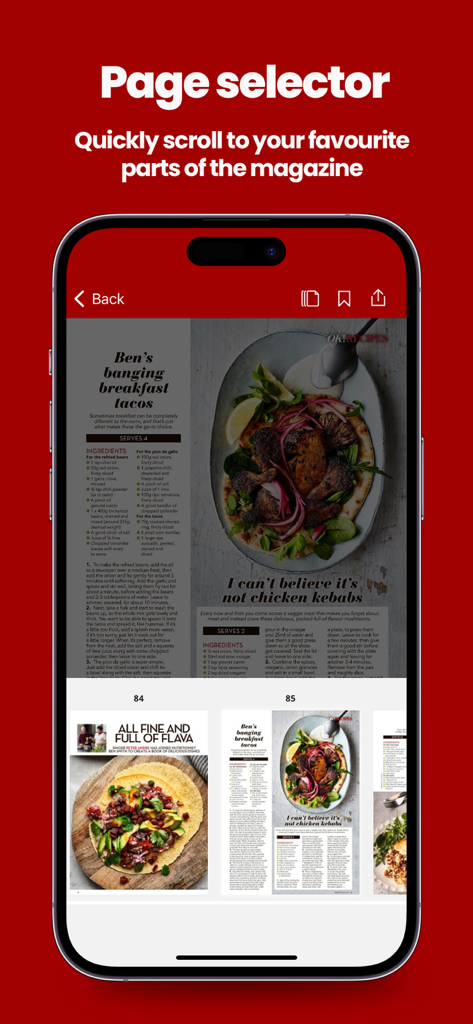 Die Seitenauswahl-Funktion der OK!-Magazin-App mit Miniaturansichten zum schnellen Scrollen durch digitale Artikel und Rezepte