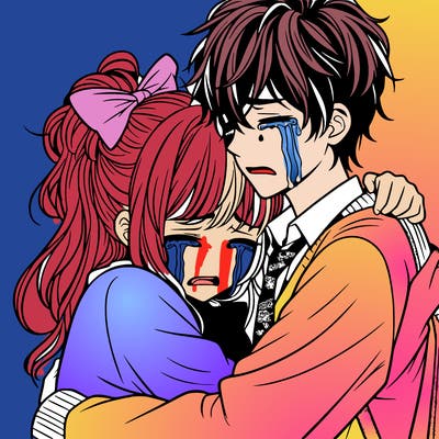 teenage manga girl hugging boy crying