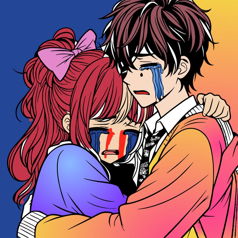 teenage manga girl hugging boy crying