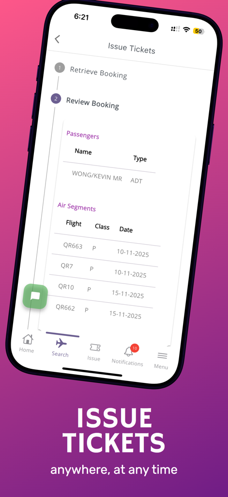 Ticket Gadget - Mobile interface of Ticket Gadget app showing the Review Booking screen with passenger information and flight segments.