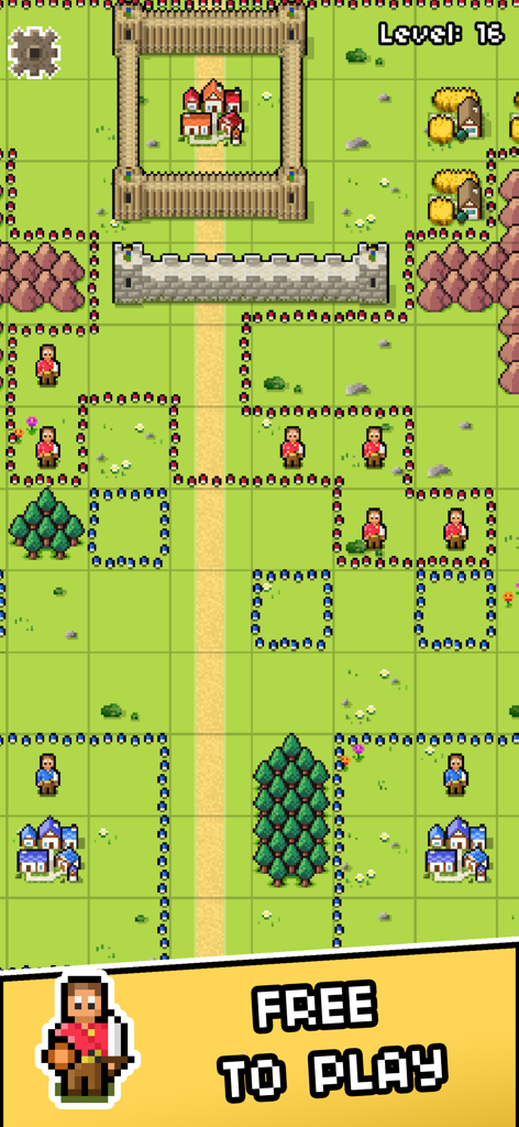 Island Empire: Build & Conquer - Pantalla de nivel de juego de estrategia de Island Empire con unidades y edificios de arte de píxeles