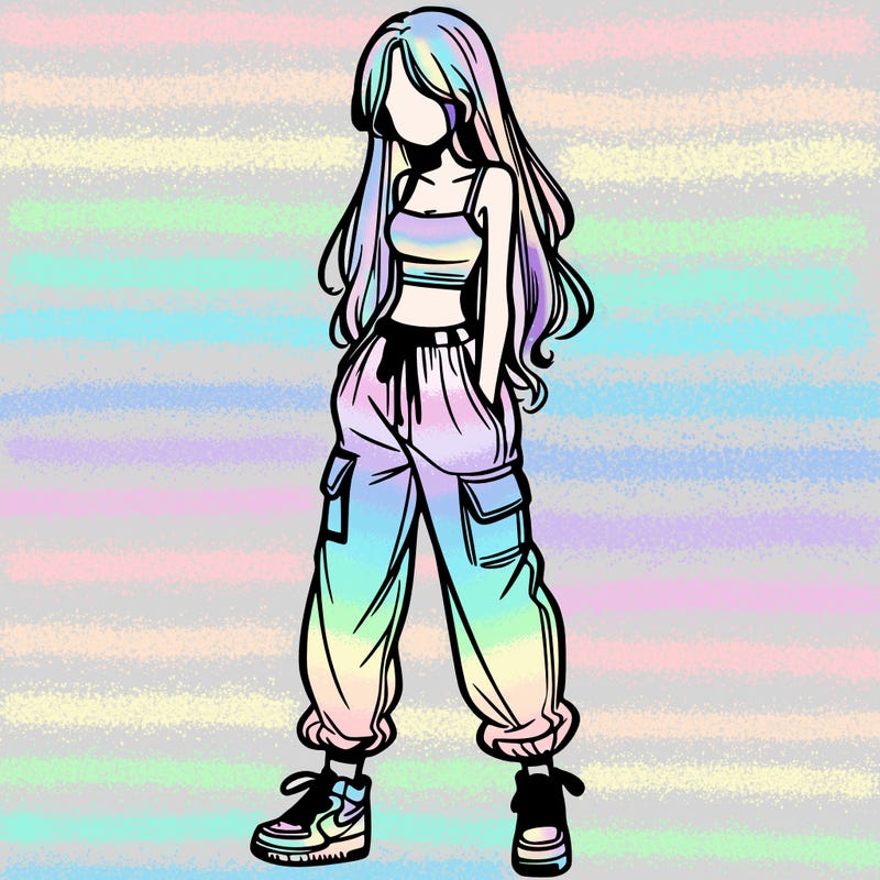 girl in baggy pants crop top and long hair