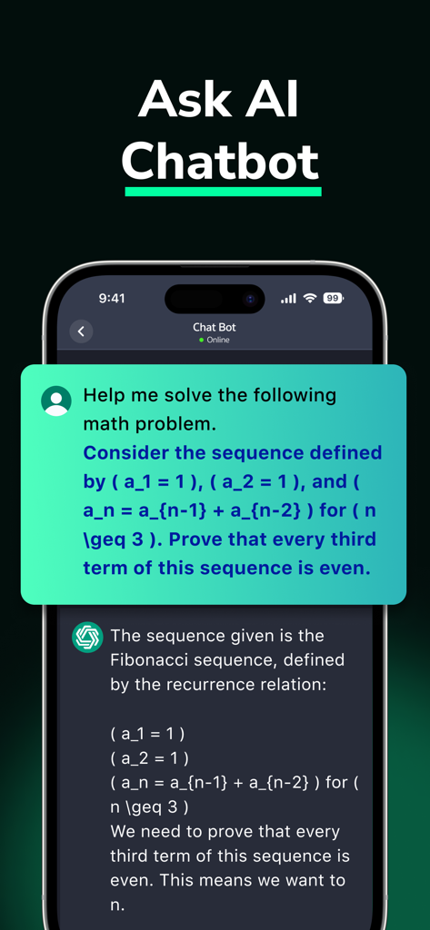 Interfaz de chatbot IA DeepSearch resolviendo un complejo problema matemático sobre la secuencia de Fibonacci.
