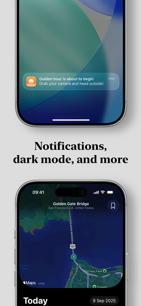 Helios app notification for golden hour and map interface in dark mode showing Golden Gate Bridge location.
