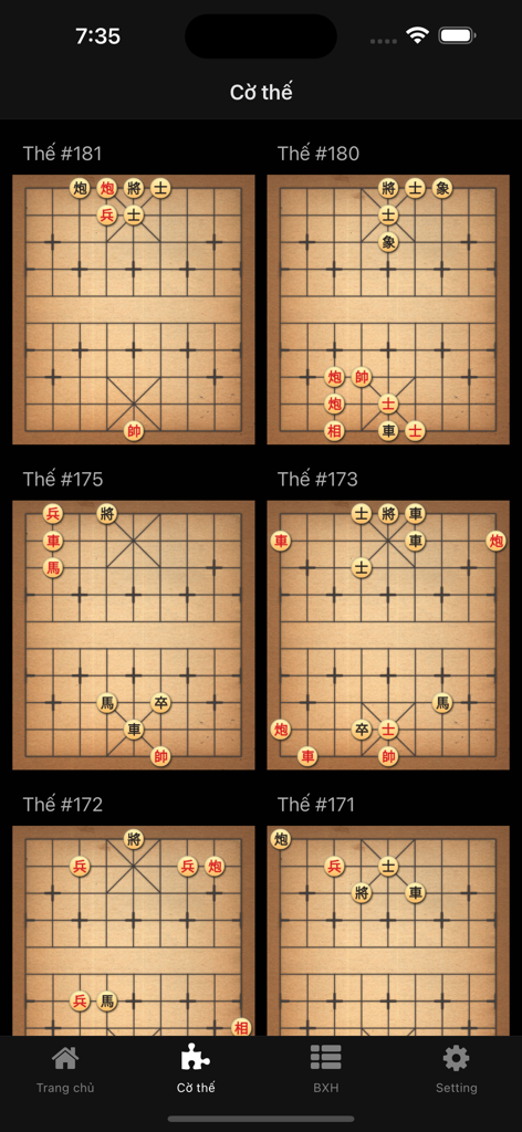 Co Up, Co Tuong Online XQChess - Mobile app screen displaying a list of Chinese chess strategy puzzles.
