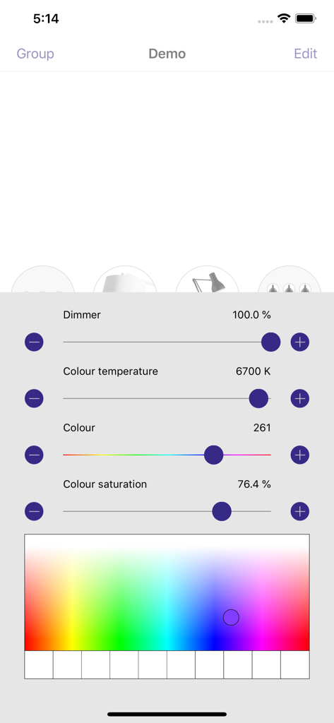 4remote BT - Interfaz de la aplicación 4remote BT para controlar el brillo de la luz, la temperatura del color y la saturación