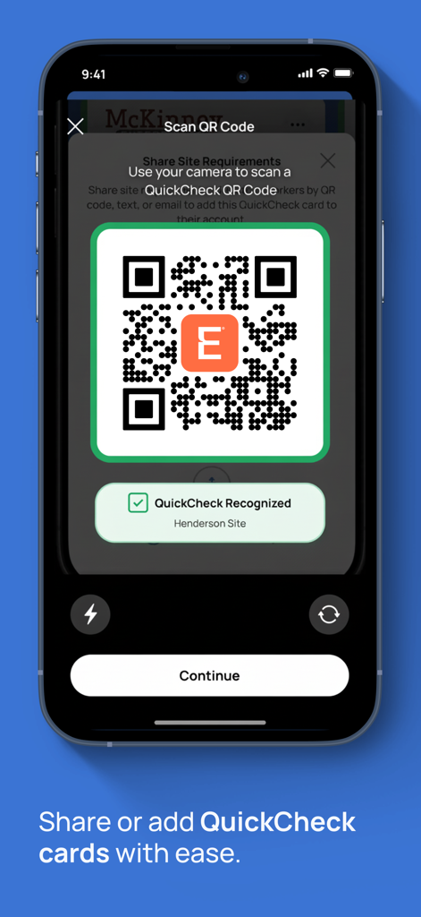 Empower app interface scanning a QuickCheck QR code for site recognition
