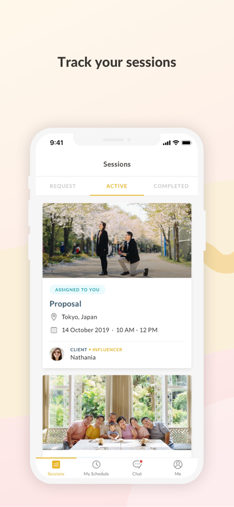 도쿄에서 할당된 사진 촬영 건이 표시된 활성 세션 화면을 보여주는 사진작가를 위한 SweetEscape 앱의 스크린샷