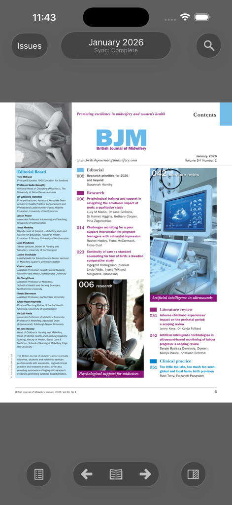 Page du sommaire de l'application mobile British Journal of Midwifery