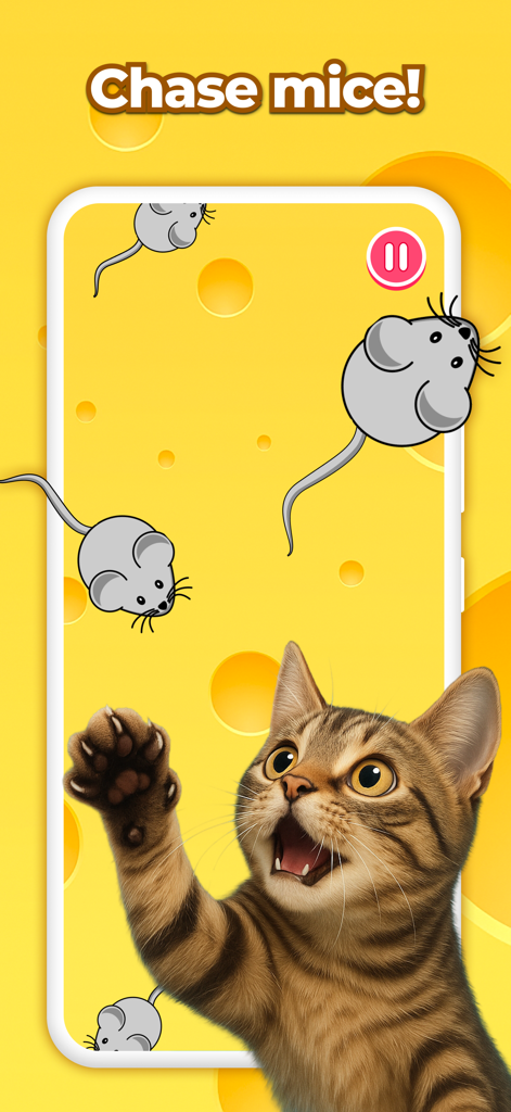 Un chat tigré tendant sa patte vers des souris numériques sur un écran à motifs de fromage jaune