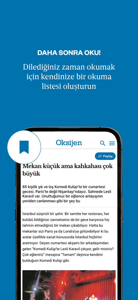 Oksijen Gazetesi - Oksijen Gazetesi mobile app interface displaying the read later feature and a news article in Turkish.