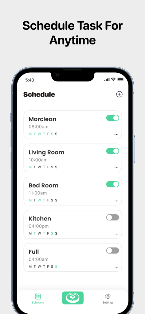 Interface do App de Aspirador Robô mostrando tarefas de limpeza agendadas para diferentes cômodos, incluindo a sala de estar e o quarto