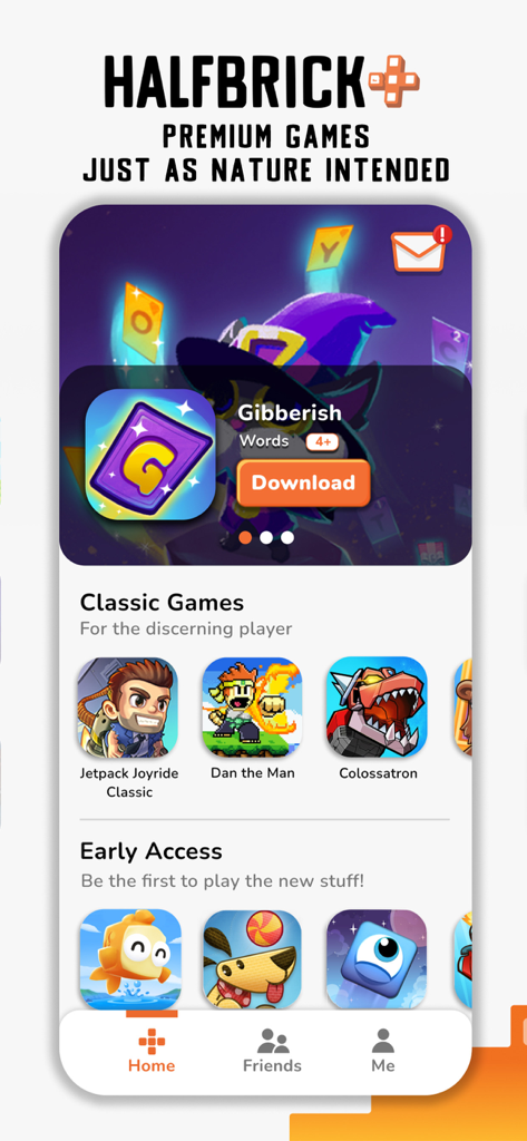 Gibberish: Word game & friends - Tienda de la aplicación Halfbrick Plus mostrando el juego de palabras Gibberish y una colección de juegos clásicos premium.