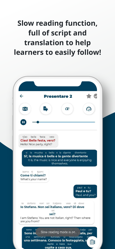 Italian language app interface showing dialogue script with translation and slow reading mode