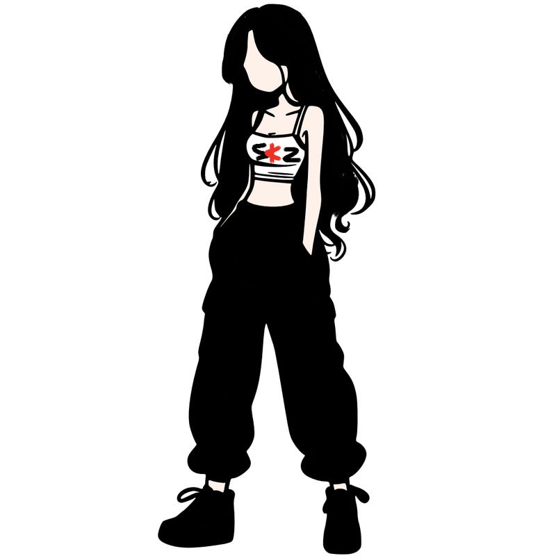 girl in baggy pants crop top and long hair