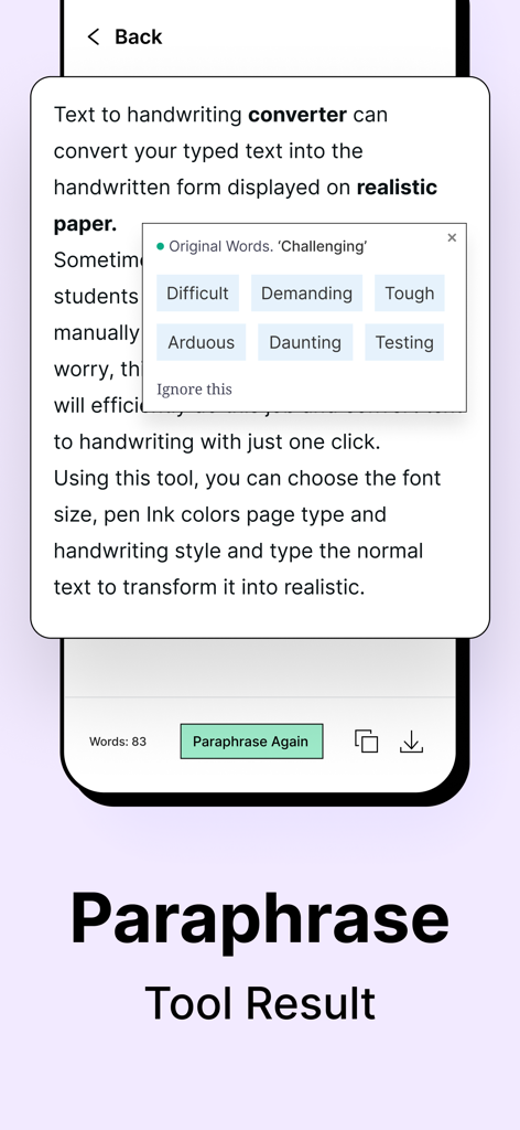 Grammar Check Ai app interface showing the paraphrase tool result with synonym suggestions for the word challenging.