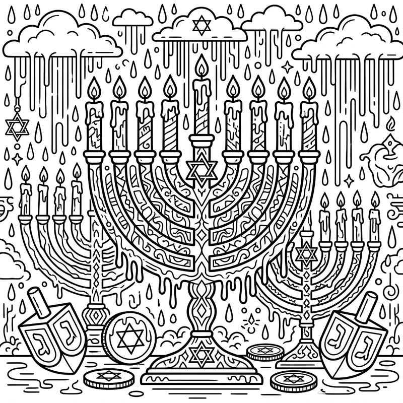 Discover a truly unique Hanukkah coloring experience where tradition meets modern artistry. This captivating page features classic menorahs and dreidels interwoven with a fascinating, stylized acid rain aesthetic, inviting you to explore its intricate details.