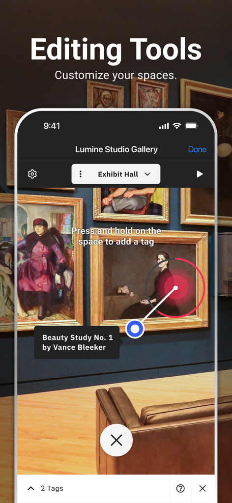 Matterport for Governmentアプリのインターフェースのスクリーンショット。美術館の3Dデジタルツインにインタラクティブなタグを追加するために使用される編集ツールが表示されています。